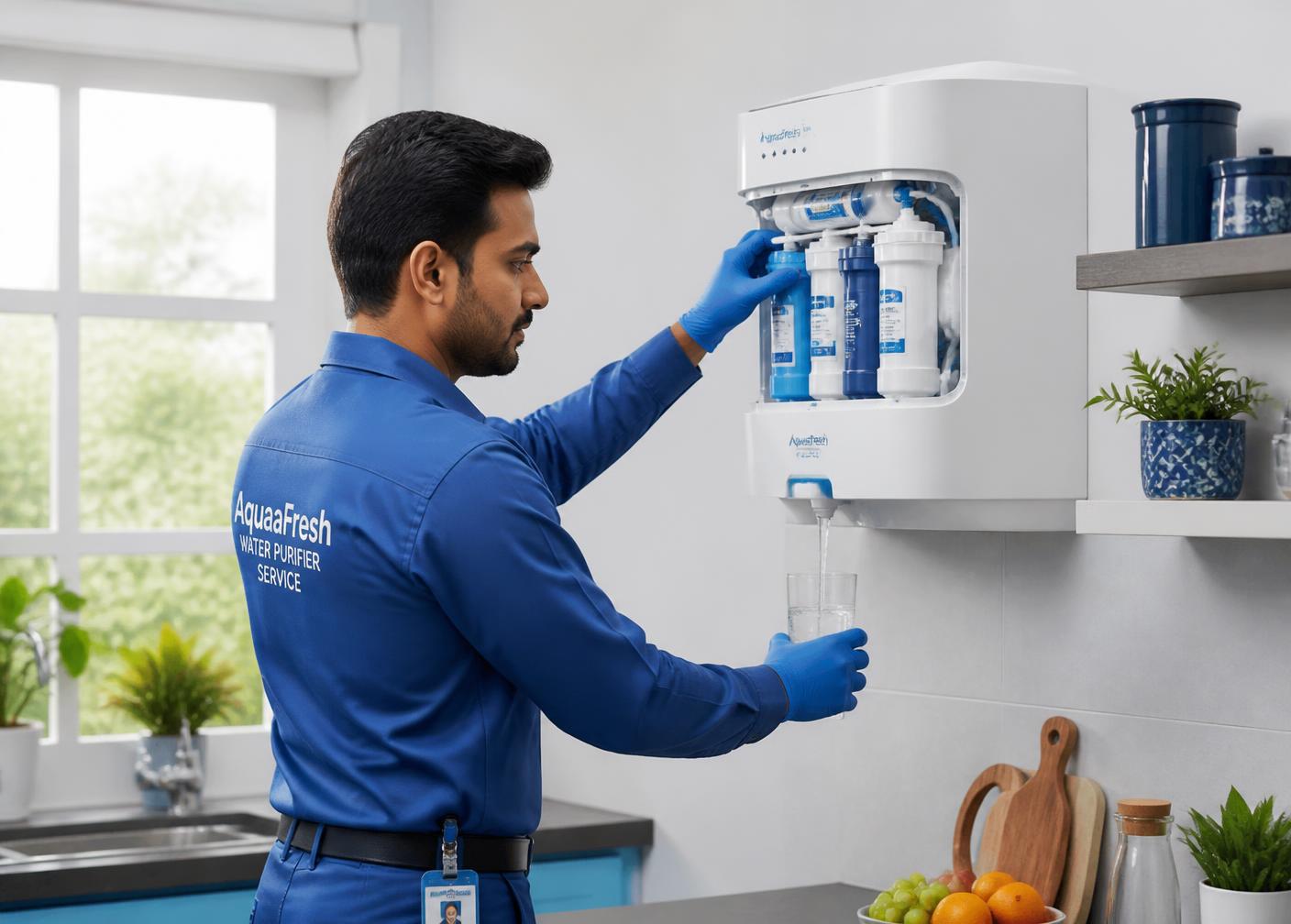 Technician servicing an RO water purifier at a Bangalore home